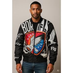 Born Fly Graphic Bomber Jacket Men's Med Streetwear Hip Hop